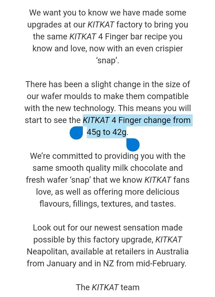 Text saying they've improved the product's 'snap' as a feeble excuse for reducing from 45g to 42g. Presumably the price will not reduce.