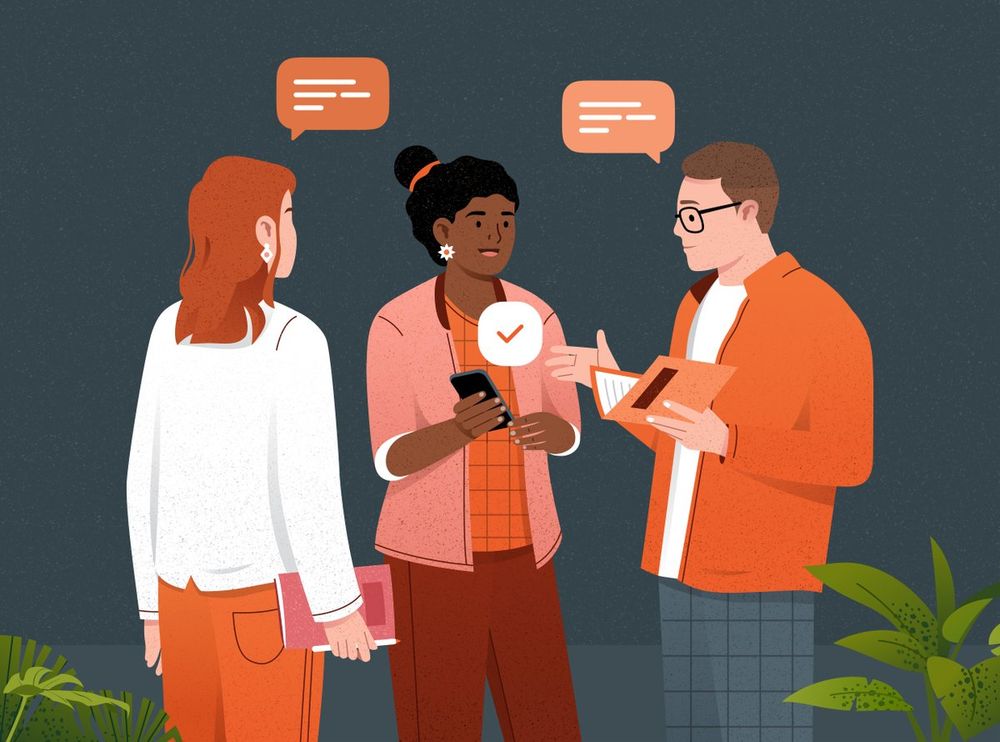 An illustration of 3 people having a conversation. The person in the middle is using their phone to show a recommendation of a preprint from Sciety.org  to the others