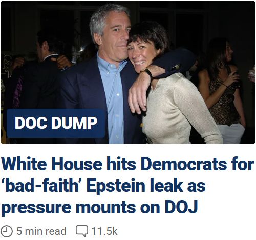 A screenshot of a Fox News story entitled "Doc Dump: White House hits Democrats for 'bad-faith' Epstein leak as pressure mounts on DoJ".