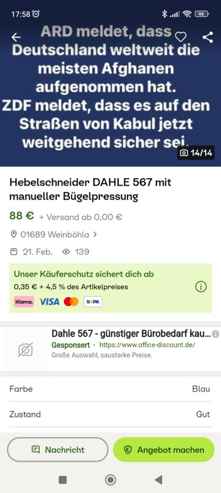 Rudi aus Sachsen verkauft auf eBay Kleinanzeigen einen Papierschneider für 88€. In die Verkaufsbilder stellt er seine politische Agenda.