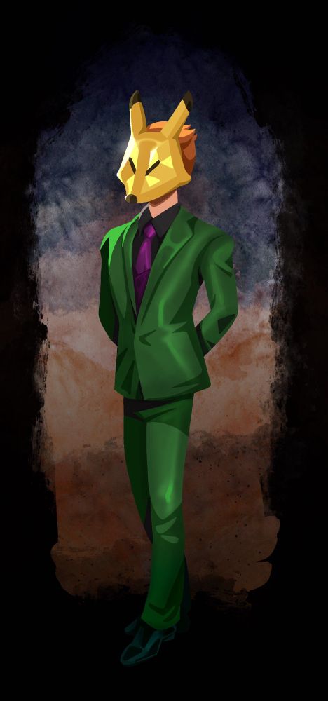 A digital painting of a tall man in a green suit with a purple vest and tie. He has orange slicked back hair and a bright yellow Fox mask. The mask and suit are shiny. The pose is standing with his arms behind his back in front of a textured gradient backdrop. 