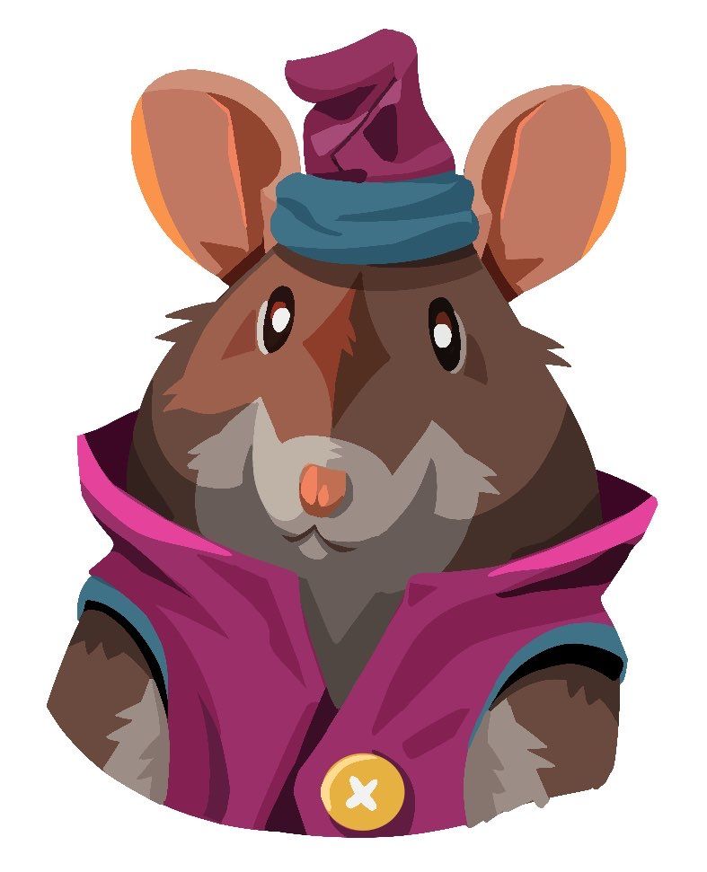 2d colored portrait of an anthropomorphized mouse in a purple-pink collared vest and fabric hat. 