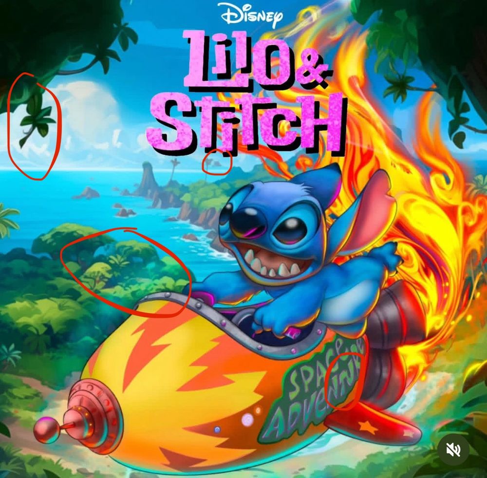 Image of Stitch from Lilo and Stitch with red circles around parts that appear embellished with generative ai 