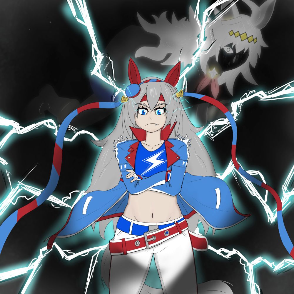 Tamamo Cross, surrounded by lightning, with a shadowy Oguri Cap in the background. Characters from Umamusume Cinderella Gray