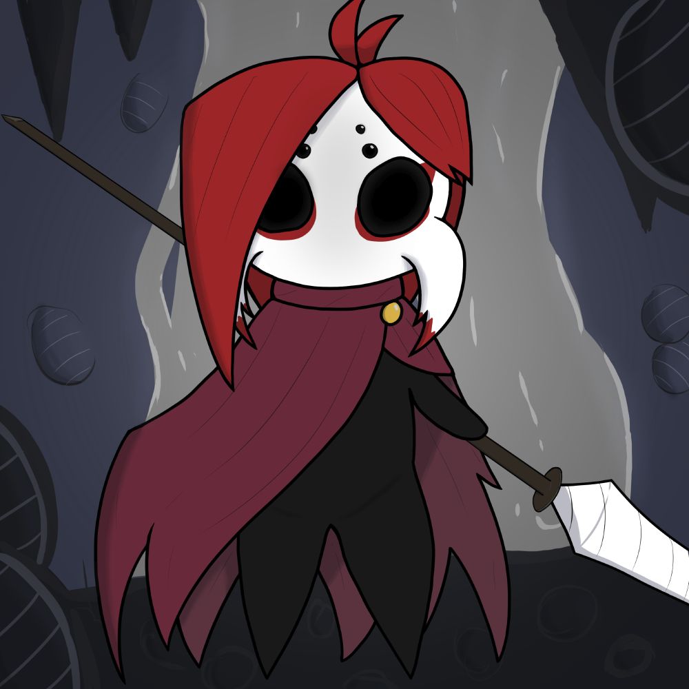 A hollow knight self portrait, a Vessel wearing a red cape with red hair and holding a spear.