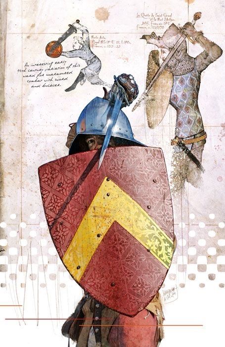 Several illustrations, in various styles, of a man holding a sword and shield. Accompanied by handwritten notes and graphic designs to create one cohesive piece of art. 