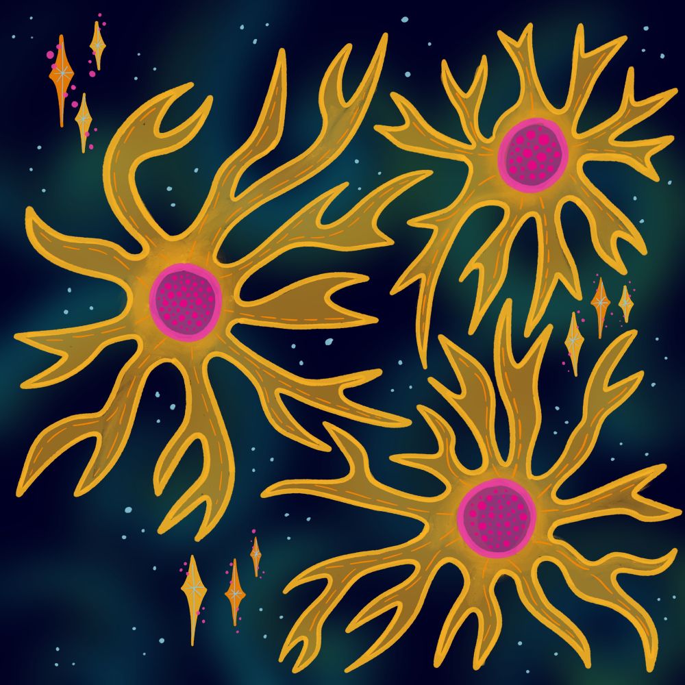 3 stylised astrocytes, vaguely Star shaped sprawling nerve cells, in yellow and pink on a bluey mottled background with extra yellow sparkles around 