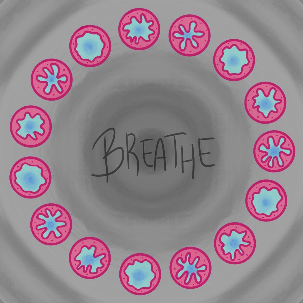 A ring of bronchiole cross-sections showing different levels of constriction with ‘breathe’ handwritten in the centre. The bronchioles have pink walls and blue apertures. The background is a smokey grey. 