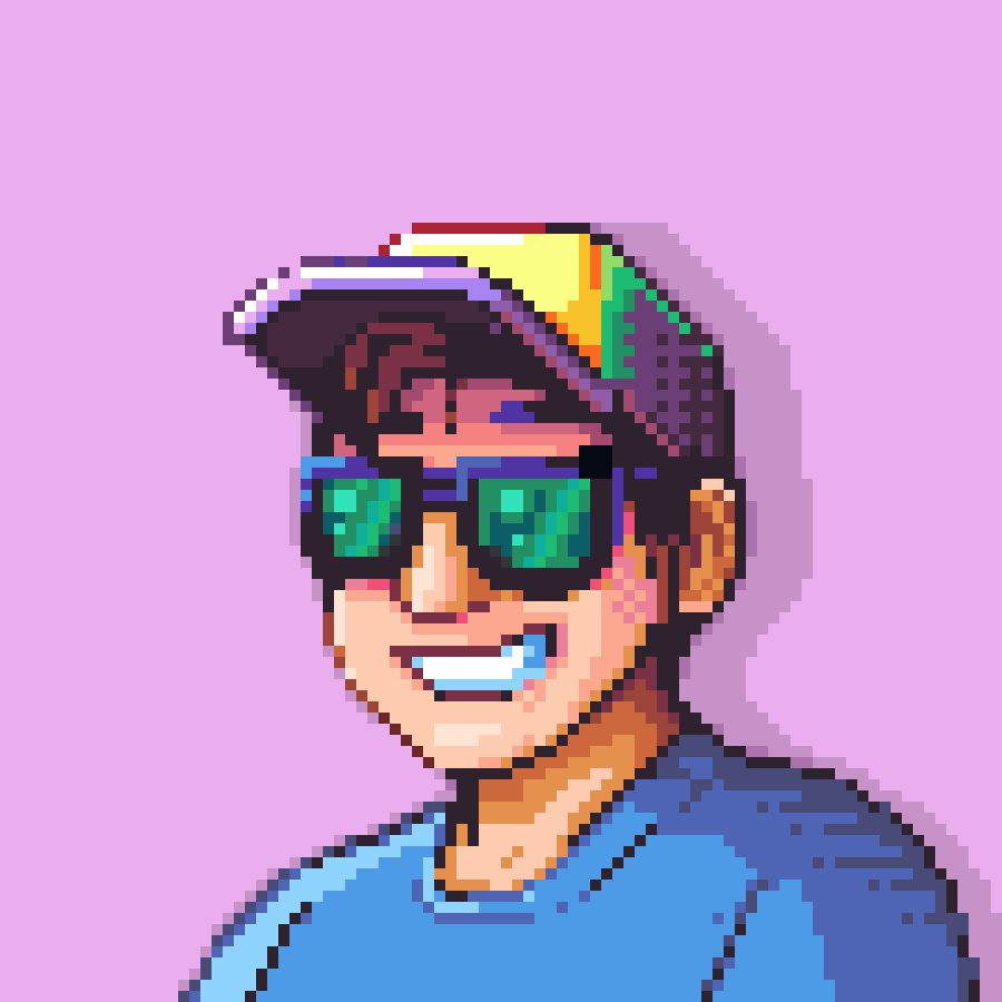 8-bit image of a guy in a cap and sunglasses with a blue shirt and pink background.