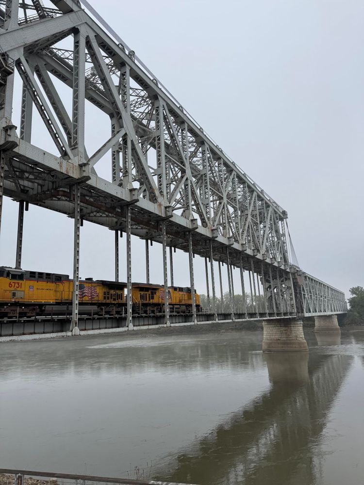 Train rolling onto the bridge.
