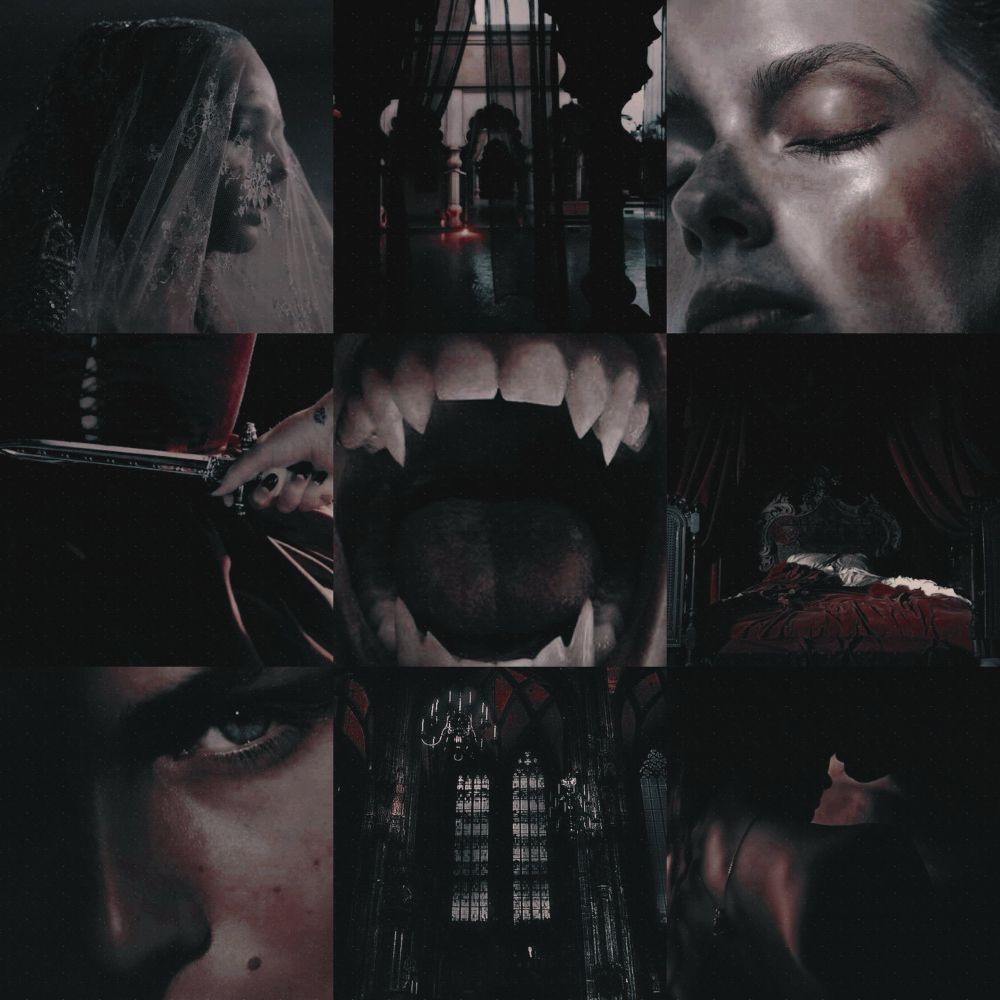 3x3 rows of photos. Row starting left to right, top row to bottom row.
Row 1: Picture 1: Veiled woman. Picture 2: Dark, spooky room. Picture 3: Close up of woman with shadows over her face. 
Row 2: Picture 1: Woman in red dress holding a knife behind her back. Picture 2: Vampire teeth. Picture 3: Red bed with tangled sheets. Row 3: Picture 1: Close up of man. Picture 2: Dark windows. Picture 3: Spicy couple about to kiss.