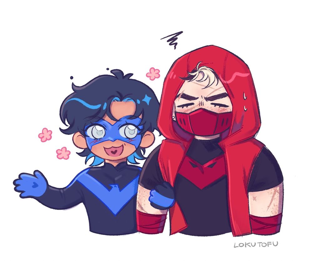 chibi of dc characters: Nightwing (Dick Grayson) holding Red Hood (Jason Todd)‘s arm, gesturing mid conversation. Jason finds it bothersome. 