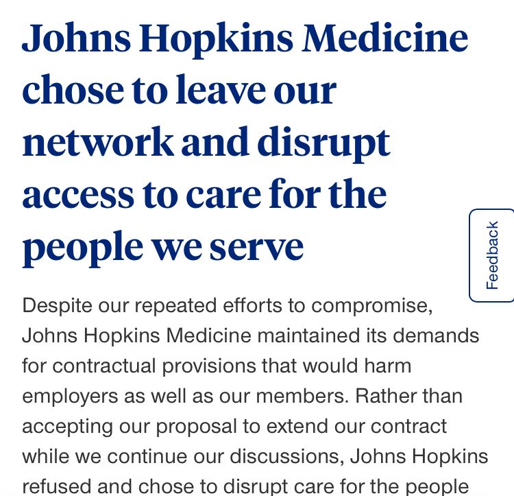 The headline from United Healthcare's website UHC.com. It reads Johns Hopkins Medicine chose to leave our network and disrupt access to care for the people we serve