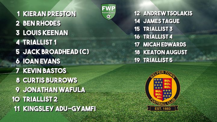 BELPER TOWN: Preston Rhodes Keenan 1 Broadhead (C) Evans Bastos Burrows Wafula 2 Adu-Gyamfi; SUBS: Tsolakis Tague 3 4 Edwards August 5