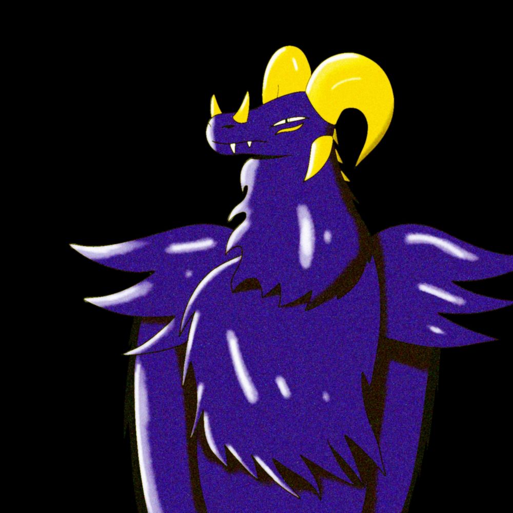 Indigo dragon with golden horns looking very mean in stature.