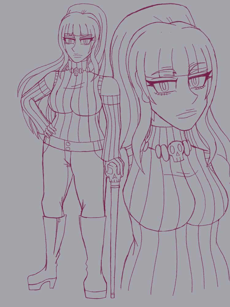 It's a work in progress of a tall woman with a skull cane; she is wearing a unique turtle neck sweater with detached sleeves, skinny pants, and tall easy to slip on boots. She has a little skull and some jewels around her neck area as well. With bands and long hair pulled back into a ponytail. 