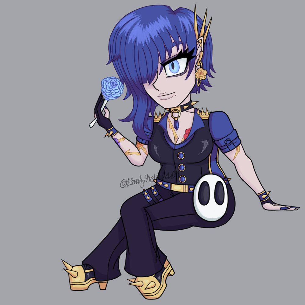 A woman in mostly blue, black, and gold holding a lighter-blue rose. She is sitting cross legged and looking away from the viewer. She has a golden tattoo with colorful roses and golden spikes and accessories all over her body. 

I'll probably do more character facts when I'm not feeling as bad, sorry no fun commentary this time. 