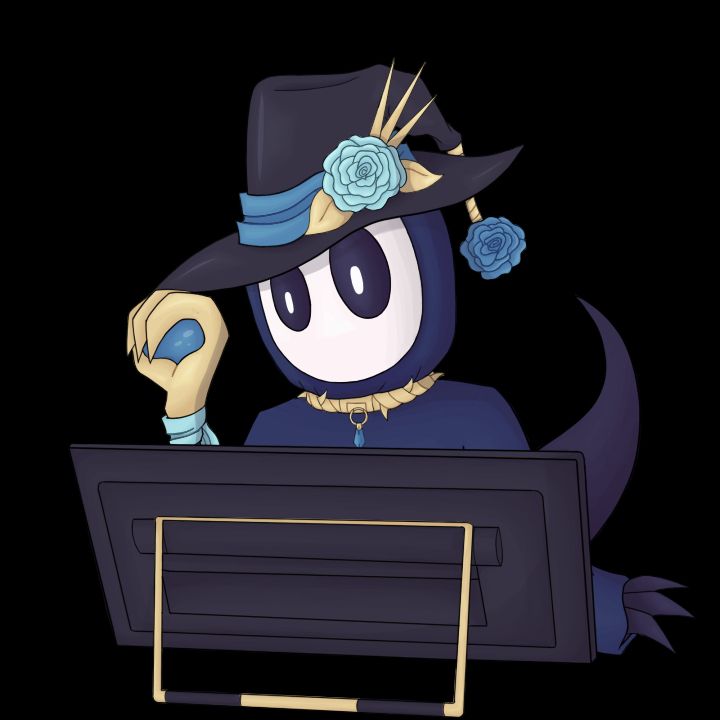 A mostly blue gremlin creature with a mask! She has a tablet and using her staff as a pen to draw. 