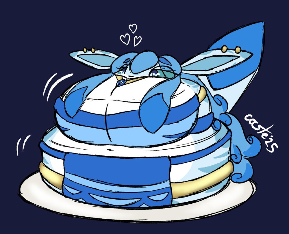 Aisugitou squished into a cake form with her head partly compressed down and her markings and outfit making up the designs. Drawn by Caste of @castesystem.bsky.social