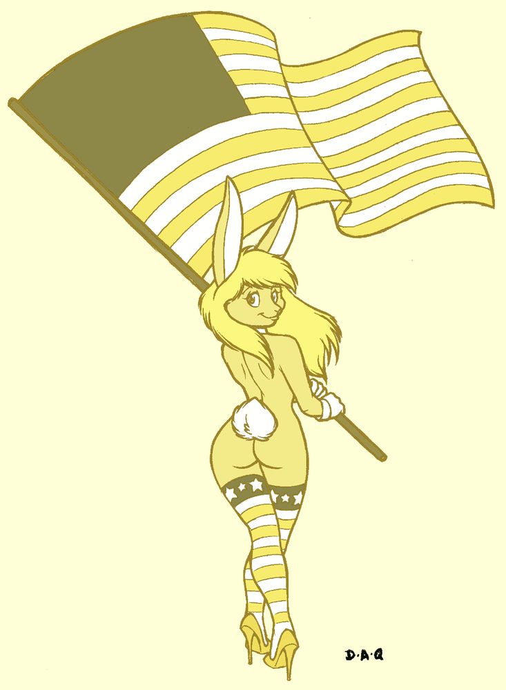 Nude anthro bunny in high heels and stars-and-stripes pattern stockings waving a huge United States flag.