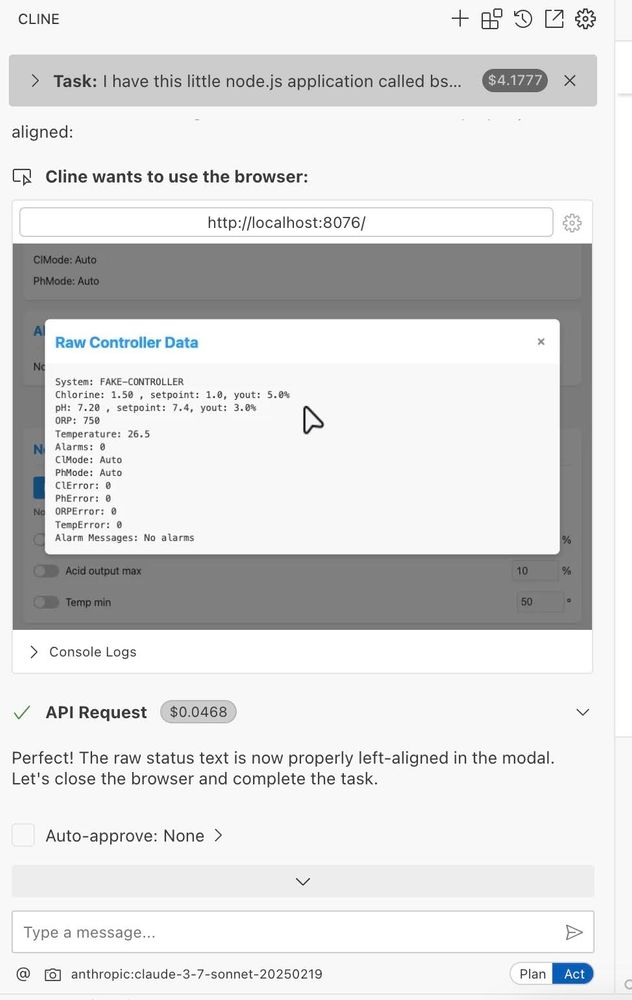 Imagine of cline vscode extension showing it opening a browser window and testing the UI. "Perfect! The raw status text is now properly left-aligned in the modal."