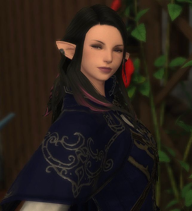 Adelise, an elezen standing confidently in front of a rose trellis. Her black hair falls loose around her face before being pulled half up into a braid