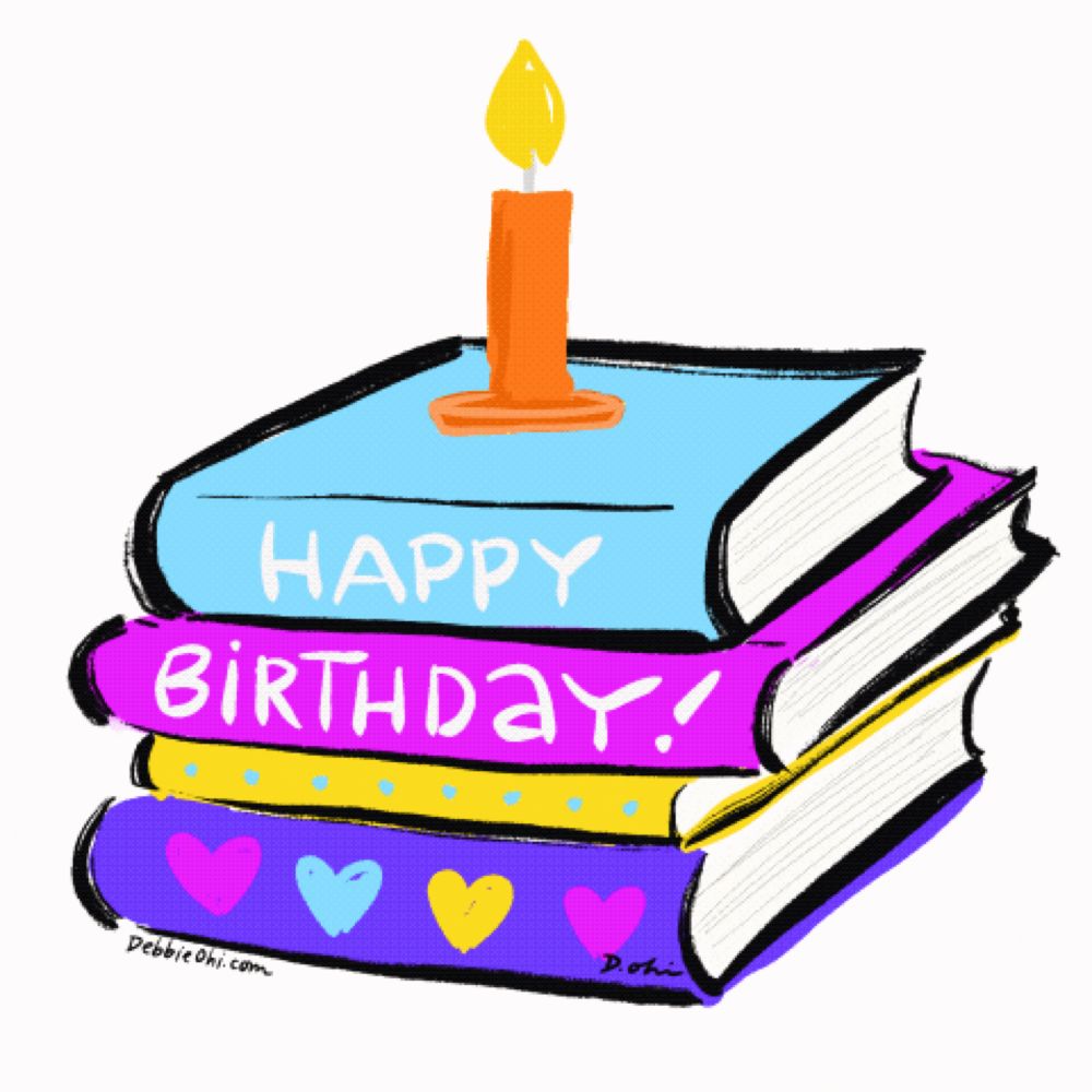 a stack of books that say happy birthday with a candle on top