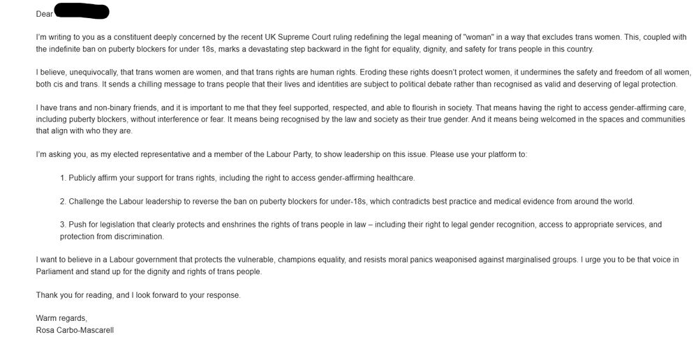 A screenshot of a letter to an MP urging them to support trans rights, signed by Rosa Carbo-Mascarell.