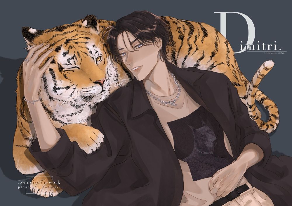 Dimitri (original character) lying with an orange tiger