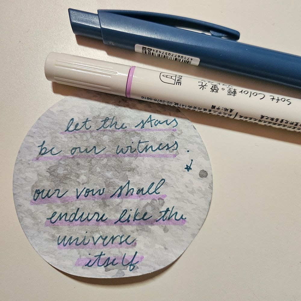 "let the stars be our witness. our vow shall endure like the universe itself" written on a moon post it note in cursive