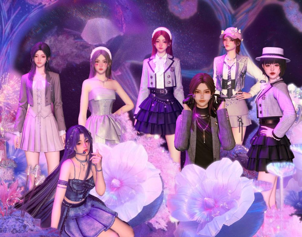 love and deepspace mc
7 girls dressed in varying shades of blue and white stage outfits under purple lighting standing amongst flowers and a purple background