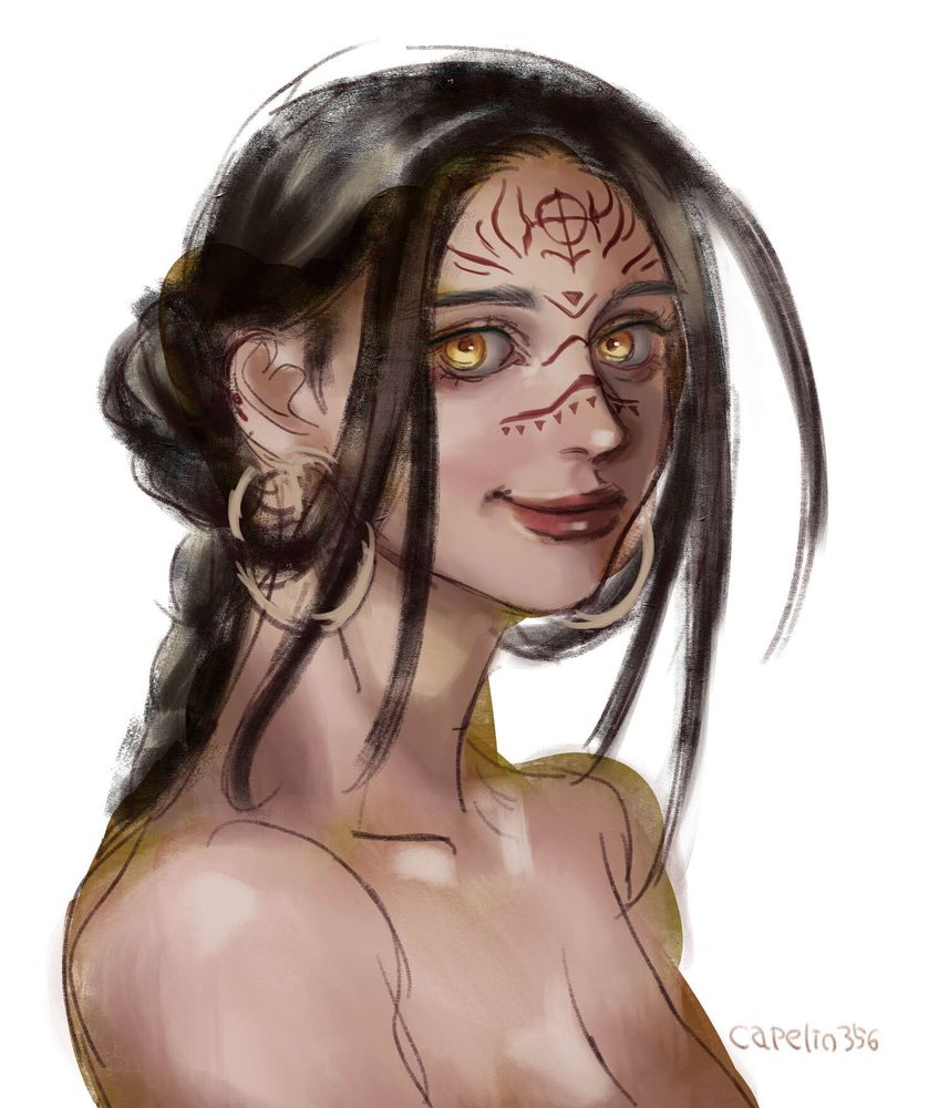 Illustration of a dark-haired woman with a tattoo on her smiling face
微笑む顔に刺青がある黒髪の女性のイラスト
