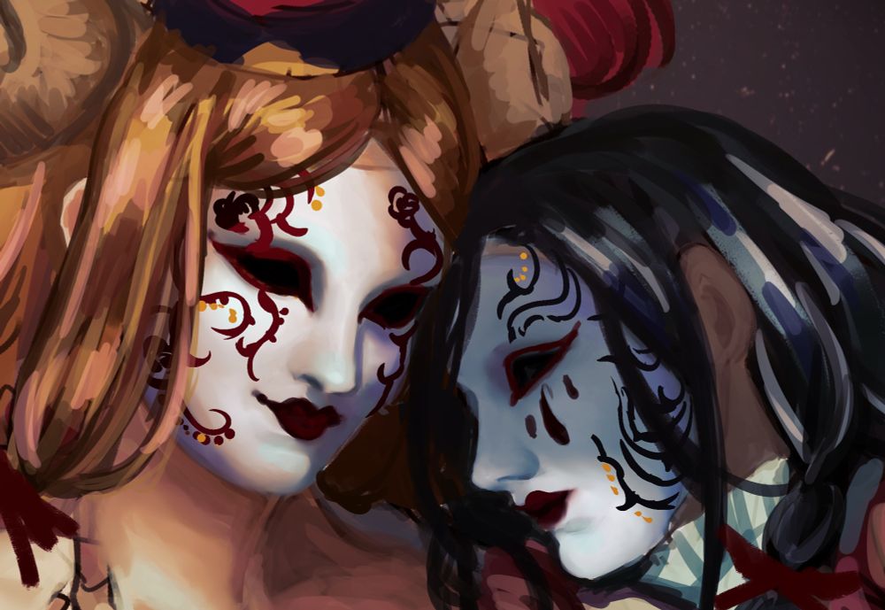 Illustration of a woman in a dress wearing a mask and a masked person with their faces close together
仮面をつけたドレスの女性と仮面の人物が顔を寄せている絵
