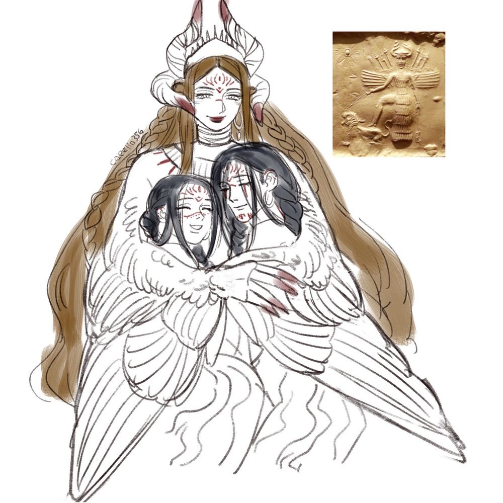 Drawing of a horned blonde woman with wings sprouting from her arms embracing adark-haired person and a girl. In the upper right is an image of Ishtar trampling a lion.
腕に翼が生えた金髪のツノがある女性が黒髪の人物と少女を抱きしめている絵。右上にライオンを踏んだイシュタルの図像がある