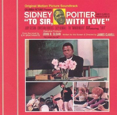 Sidney Poitier sits behind a desk in a classroom while students smile at him and a student band plays at an assembly.
