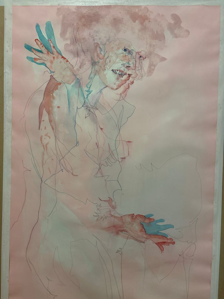 In progress watercolor painting of a figure with a pink background