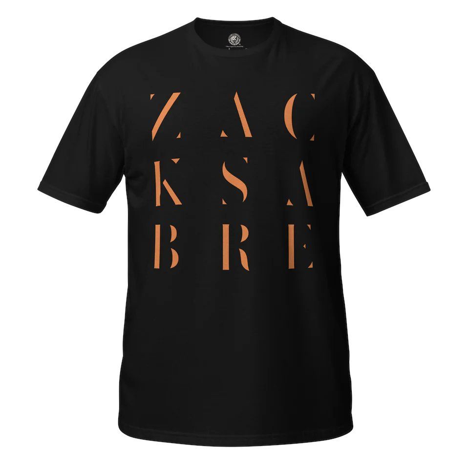 t-shirt, design reads "Zack Sabre" in stylized, spread out letters in the style of the album art for Sunbather by Deafheaven