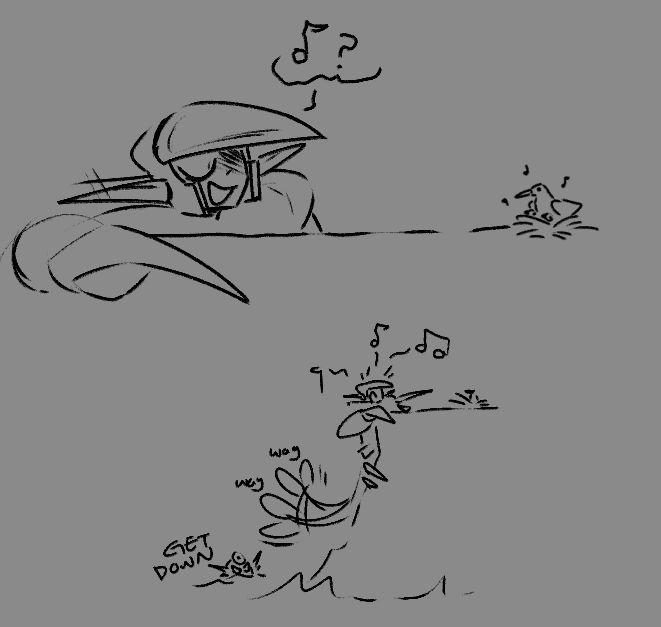 Megamer au; the top doodle shows Crashmer leaning on a rock, singing offkey to a nest of birds nearby. In the bottom doodle, it is zoomed out, showing that Crash has climbed up a small cliff. His tail is wagging and he continues to sing offkey. Metalmer, from the waters, shouts "GET DOWN"