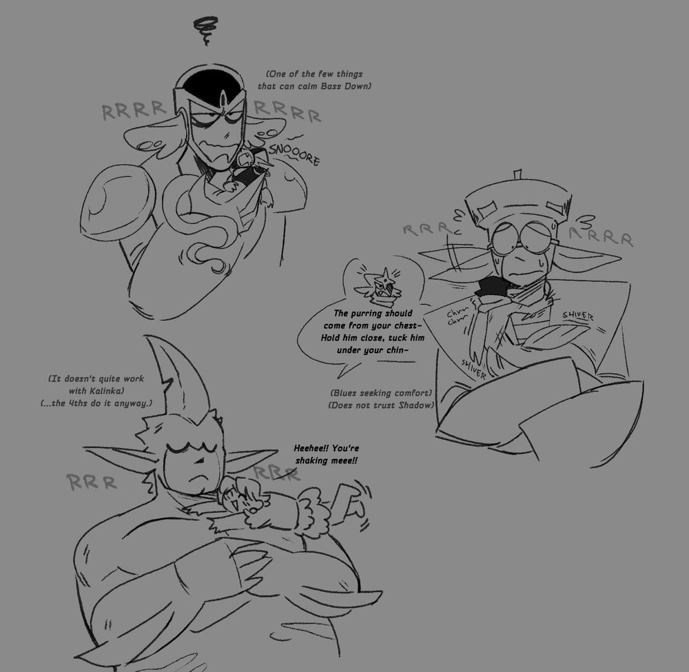Megamer AU; various doodles of other Mers purring.