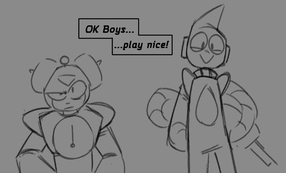 Time looks up at Oil, looking incredulous. Oil looks down at Time, smiling. The text reads "OK boys...play nice!"