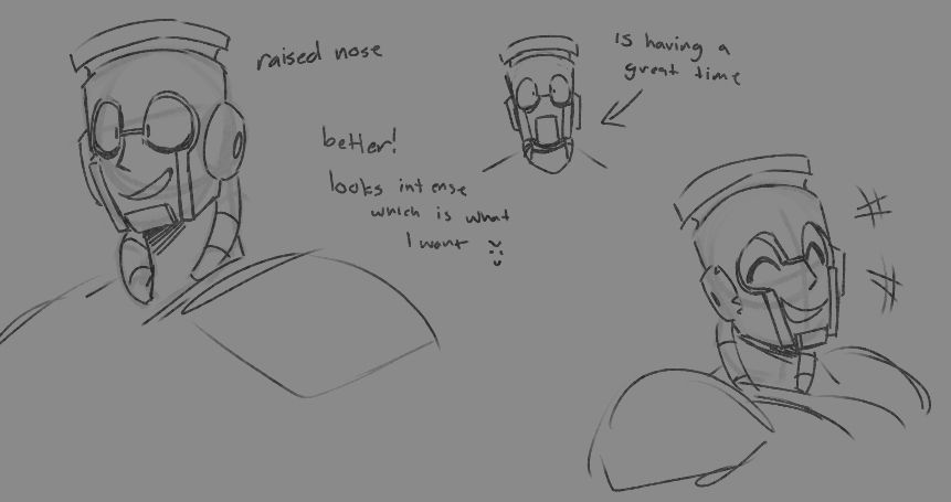 More doodles of Fireman. He looks happy, smiling in the left doodle and laughing in the right. In the small middle doodle, there is an arrow pointing at him labeled "is having a great time"
The notes read "raised nose. Better! Looks intense, which is what I want >:)"