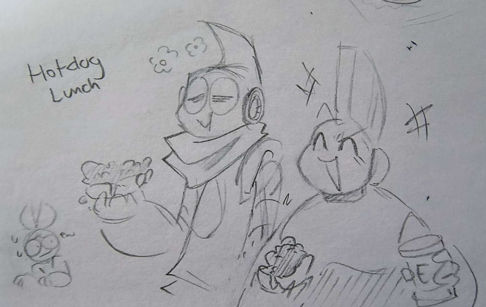 Oilman and Bombman eating hotdogs together, looking happy. Cutman in the background says "ew" and looks disturbed.
