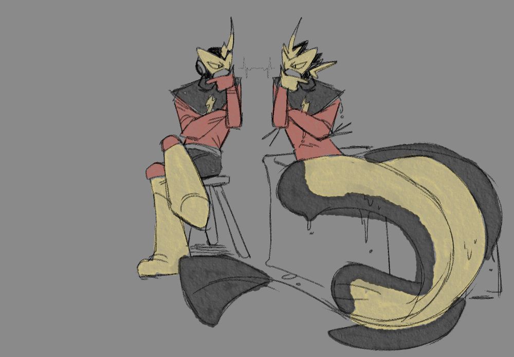 a sketchy doodle of Elecman and my Elecmer design looking at each other, their poses mirrored.