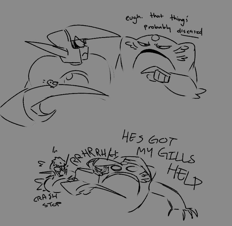 Megamer AU; in the top doodle, Crashmer has a tiny bird on his claw. But he's looking over his shoulder, looking furious as Airmer points to the bird. He says "Eugh. That thing's probably diseased."
In the bottom doodle, Crash has attacked Air and is biting at Air's gills, loudly snarling. Airmer shouts "HE'S GOT MY GILLS HELP" and looks terrified. Metalmer attempts to pull Crash off, shouting "CRASH STOP"