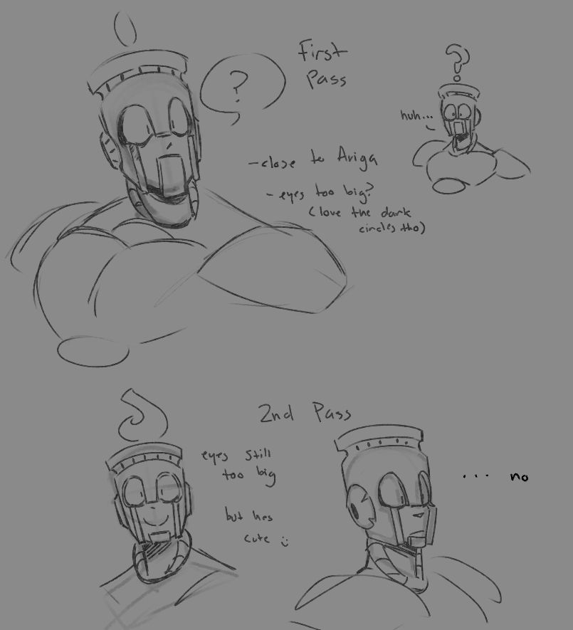 The first two doodles are of Fireman, using Megaman megamix as a reference. For the doodle on the left, he has a speech bubble with a question mark in it. For the doodle on the right, he's saying "huh..." while his fire makes a question mark above his head. The notes say "First Pass. Close to Ariga. Eyes too big? (Love the dark circles though)."
The bottom doodles are more of the same, with the notes reading "2nd pass. Eyes still too big. But he's cute :)" with the word "...no" by the bottom right doodle