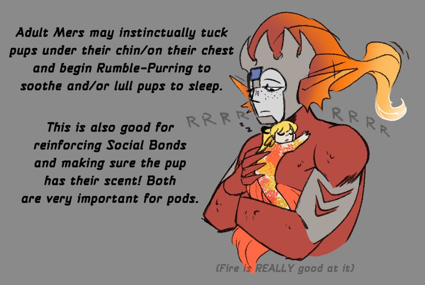 Megamer AU; Firemer holding Rock under his chin and purring. Text reads "Adult Mers may instinctually tuck pups under their chin/on their chest and begin Rumble-Purring to soothe and/or lull pups to sleep. This is also good for reinforcing Social Bonds and making sure the pup
has their scent! Both are very important for pods."