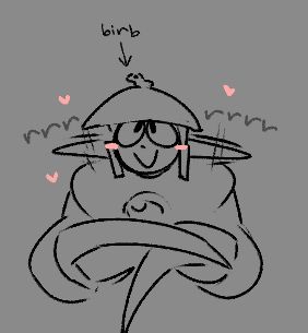 Megamer AU; Crashmer blushes and purrs, a tiny bird labeled "birb" sitting on his head. There's little pink hearts surrounding him and his ears are wiggling.