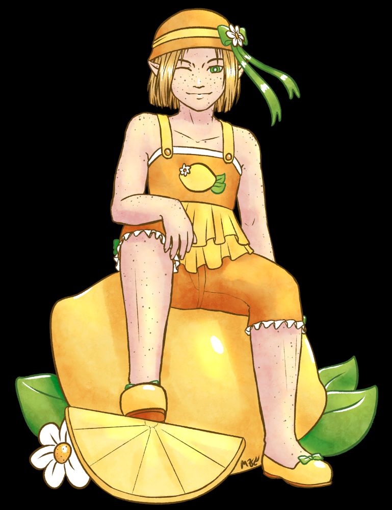 Green Link from the Linked Universe AU dressed as Lemon Meringue from Strawberry Shortcake.  He is sitting on a giant lemon and winking cheerfully at the camera.