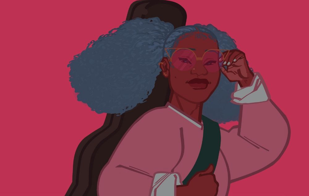 digital drawing of a black girl with blue twin puffs rocking a pink sweater with the sleeves cuffed at the wrists and a pair of gold cat eye sunglasses. she is carrying a guitar case on her back.