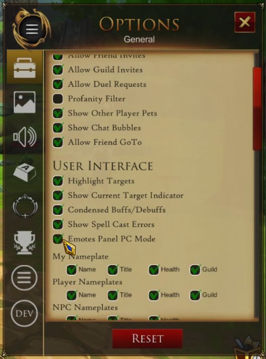 Options panel of aq3d, showing the new selection to toggle the new and old emotes panels. 
